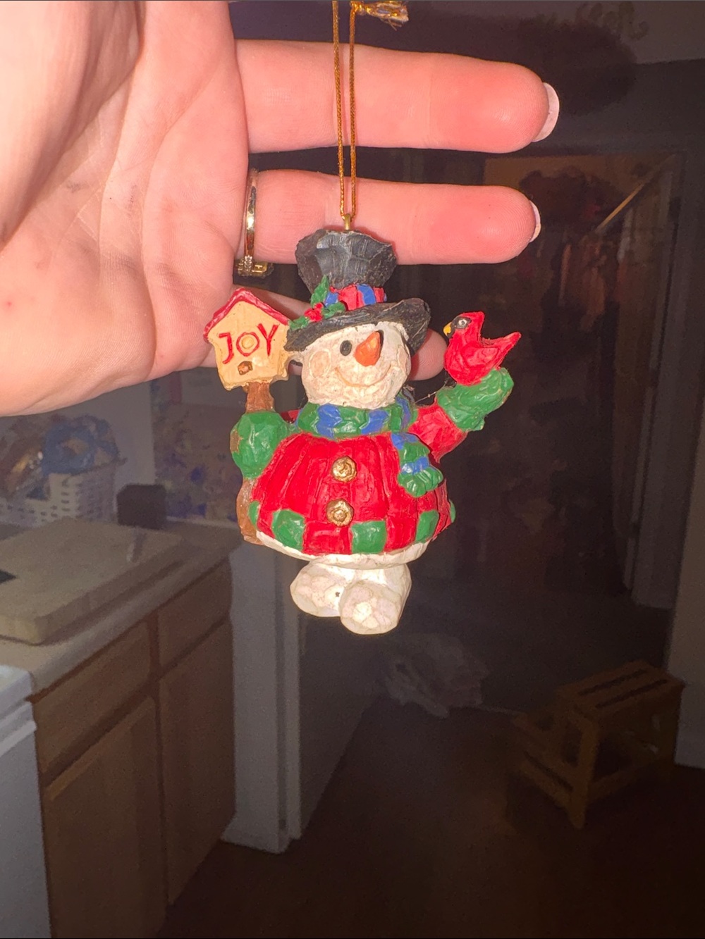 Red Snowman 'Joy' Hanging Ornament with Green Accents